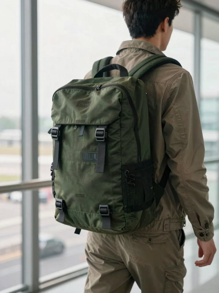 A close-up of a traveler walking easily through an airport terminal carrying only a sleek, compact dark green backpack, natural window light
