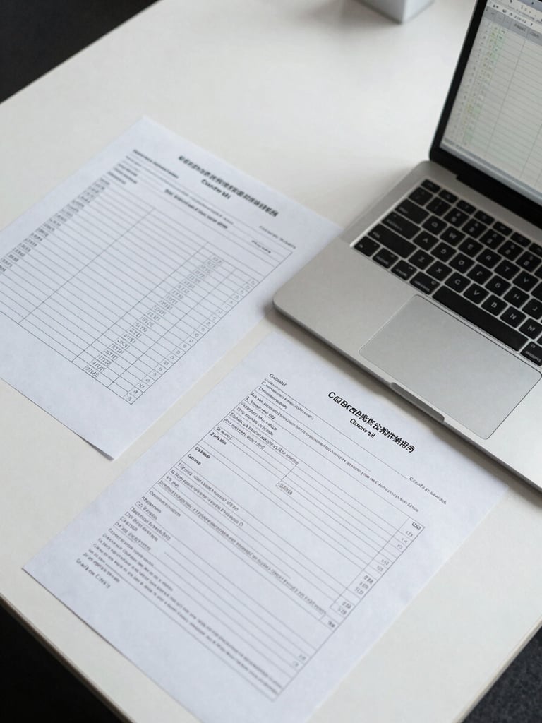 Clean overhead shot of compliance documentation spread on a white desk — structured framework matrices, annotated control lists, and a laptop showing a structured spreadsheet — cool even studio lighting, precise institutional framing