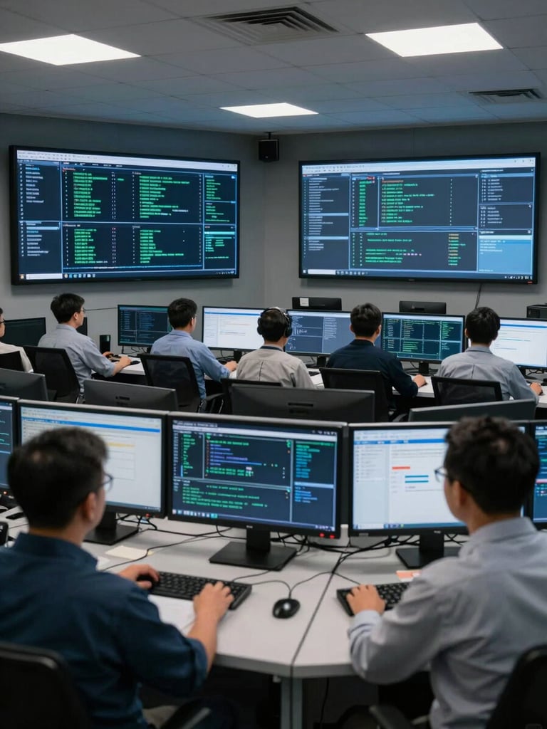 Wide environmental shot of a security operations center, analysts reviewing network dashboards on large monitors, controlled cool studio lighting, precise framing, no dramatic shadows