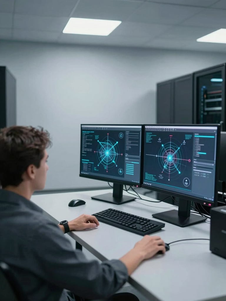Wide environmental shot of a security analyst reviewing network topology diagrams on dual monitors in a clean, corporate server room, controlled studio lighting from above, cool neutral tones, precise framing with empty space to the left