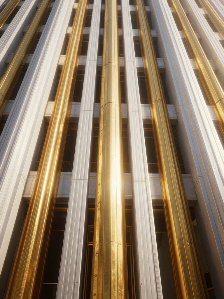 Cinematic game photography of a vast, high-fidelity architectural structure, dramatic volumetric lighting, high-contrast platinum and gold tones