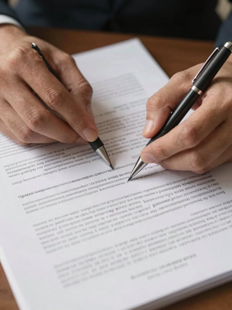Close-up overhead of hands reviewing a dense financial compliance document on a desk, a mechanical pencil resting beside annotated paragraphs, warm tungsten light from the left casting soft shadows across the paper surface