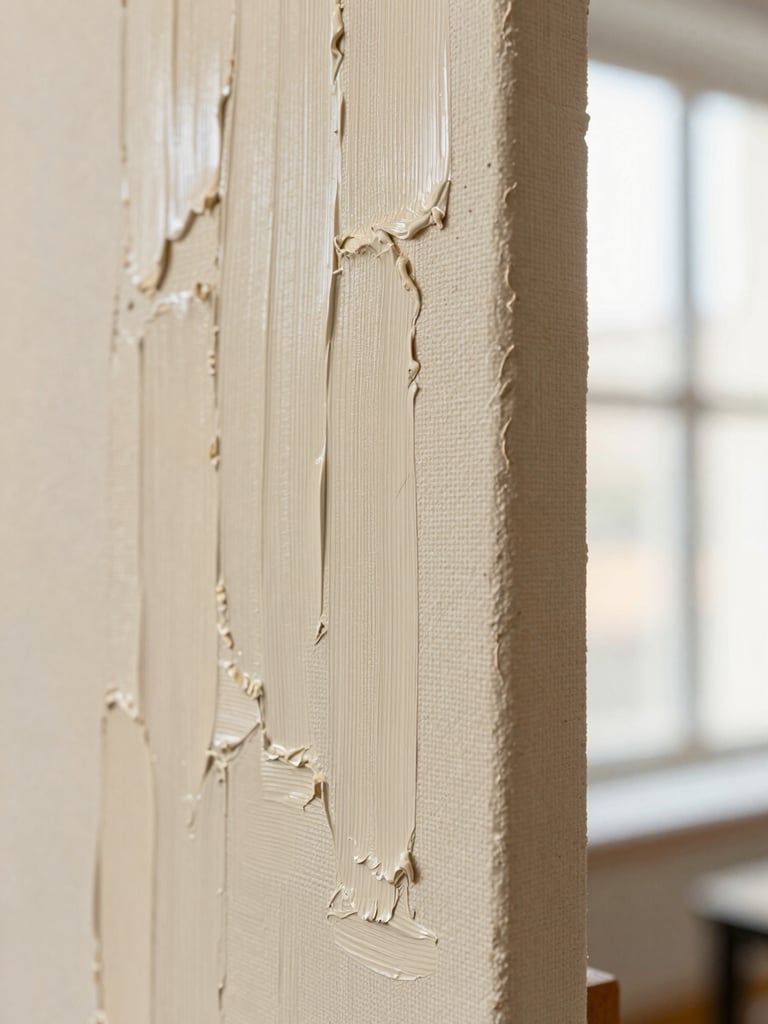 Macro detail shot of rich oil paint texture on a canvas edge, showing physical depth and layered brushstrokes in warm cream and charcoal tones, soft natural lighting.