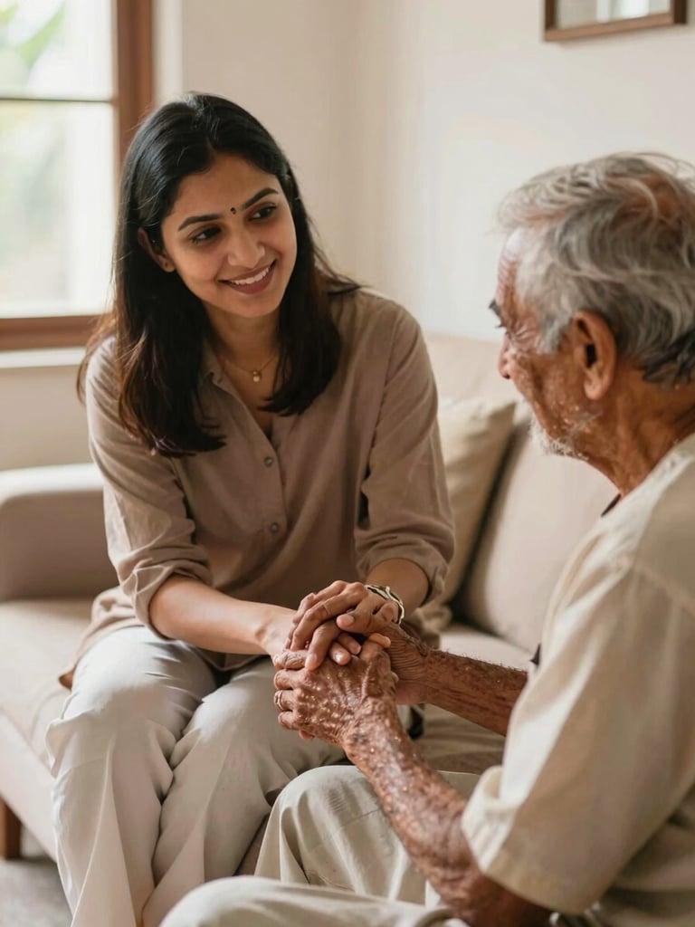 A warm intergenerational scene of a caregiver gently holding an elderly person's hand in a bright, comfortable Gujarati home, soft natural light