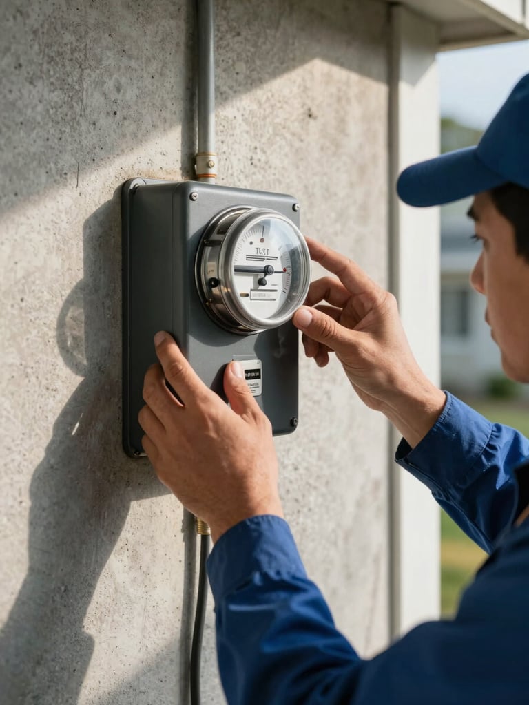 Close-up of an electrician's hands reading a utility meter mounted on an exterior wall of a concrete T&T home, natural late-morning daylight casting warm shadows, meter dials sharp in focus, worn paint visible on the wall behind