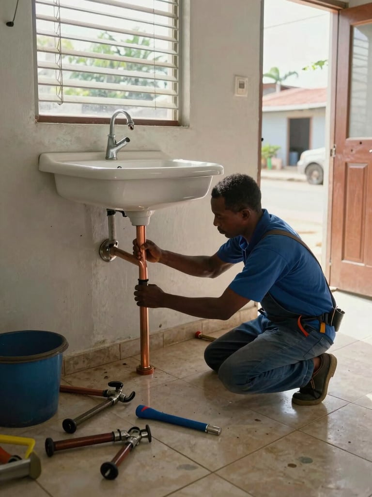 Wide environmental shot of a plumber fitting copper pipe under a sink in a Chaguanas home, mid-morning light through a jalousie window, tools spread on tile floor, documentary framing with the street visible through the open front door in background