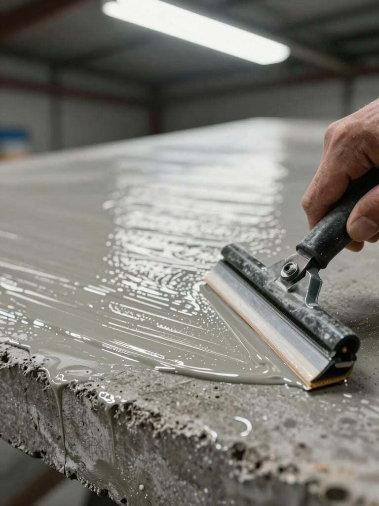 Close-up detail of epoxy coating being applied with a squeegee on industrial concrete, resin surface mid-cure showing texture and sheen, overhead warehouse fluorescent light, framed tight from above at slight angle, raw concrete edge visible at bottom