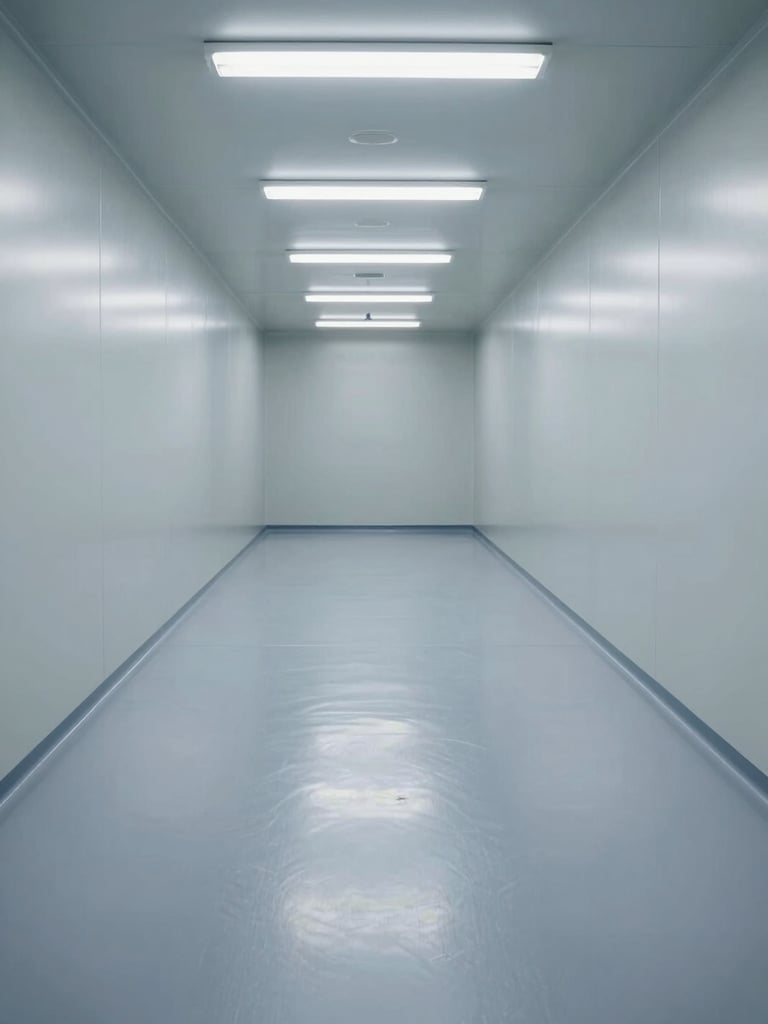 Eye-level view inside a pharmaceutical cleanroom corridor, polished epoxy floor gleaming under cool white fluorescent overhead panels, smooth grey coating surface with zero texture variation, sterile industrial environment, no people, north-facing daylight supplementing fluorescent, framed to show floor expanse leading to far wall