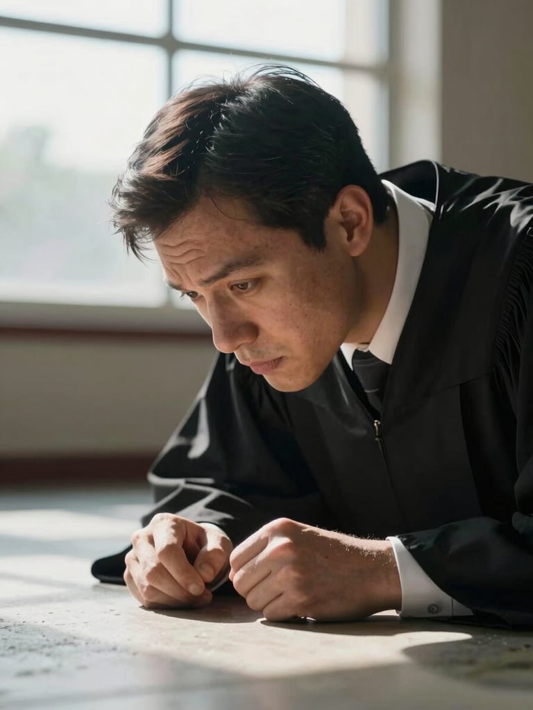 Ground-level close-up of a judge's face in sharp focus, leaning forward with elbows on knees, eyes locked on the battle floor just out of frame, hard side light from a venue window casting a strong shadow across their cheekbone, concrete floor visible at the bottom edge