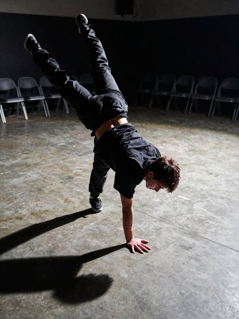 Ground-level framing of a freestyle dancer locked in a mid-freeze, one hand planted on a concrete floor, body suspended at an acute angle. Side-angle strobe lighting cuts hard shadows across the floor surface. The battle space is visible in the background — empty chairs, a dim venue, no crowd. Shot from torso height looking down toward the floor.