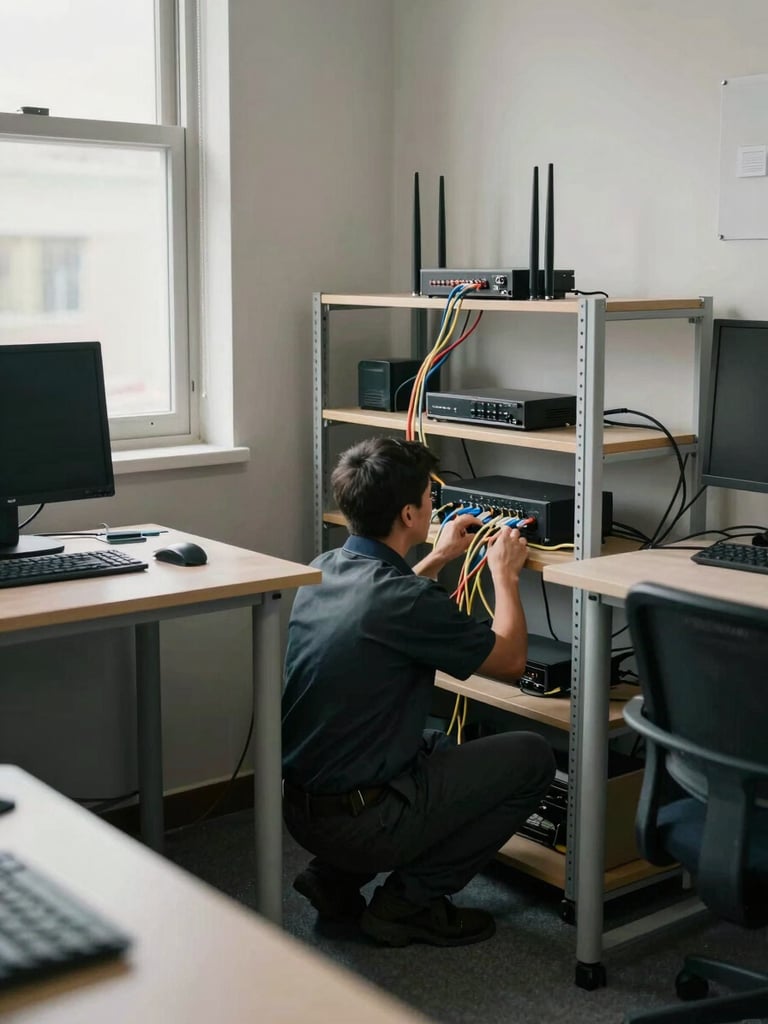Wide shot of a small office corner, a technician crouching behind a desk routing ethernet cables through a cable tray, router and switch visible on a shelf, natural daylight from a window to the left, ordinary office furniture and a desktop monitor in frame