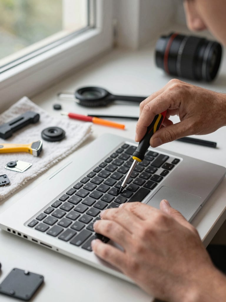 Close-up of a technician's hands removing a laptop keyboard panel with a precision screwdriver, natural daylight from a nearby window, real cluttered home-office surface visible, tools and spare parts on a cotton cloth beside the laptop