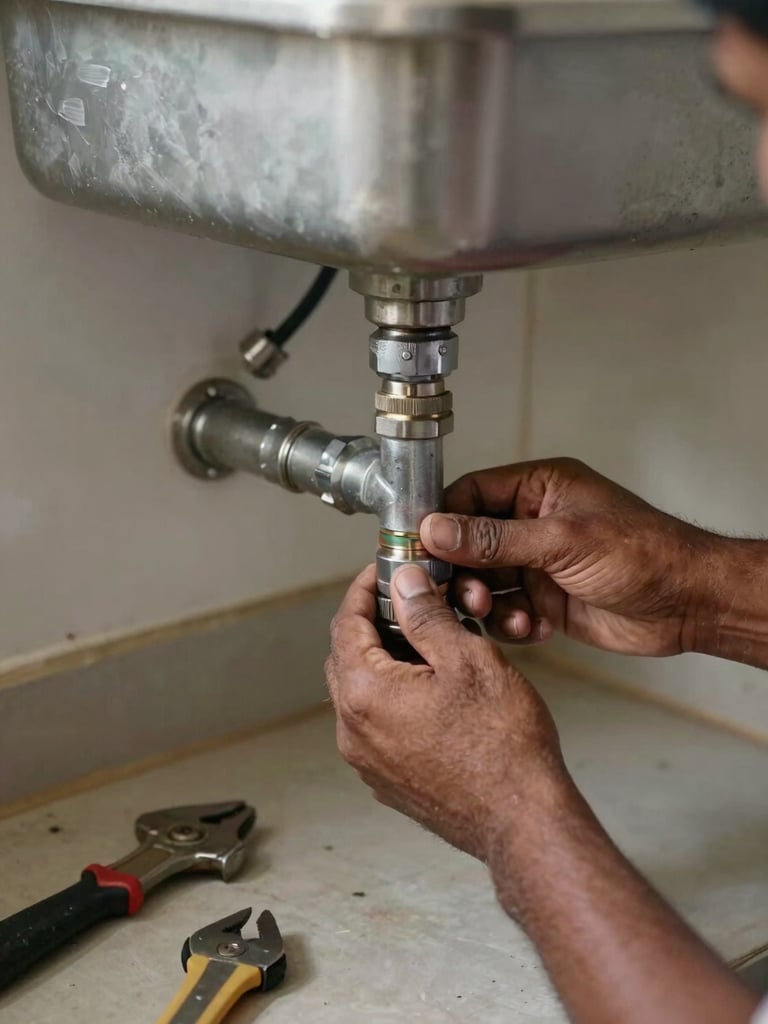 Close-up of a tradesperson's hands tightening a pipe joint under a kitchen sink in a real Indian home, natural daylight from a nearby window, tools laid out on the floor beside them, honest working context with no staging