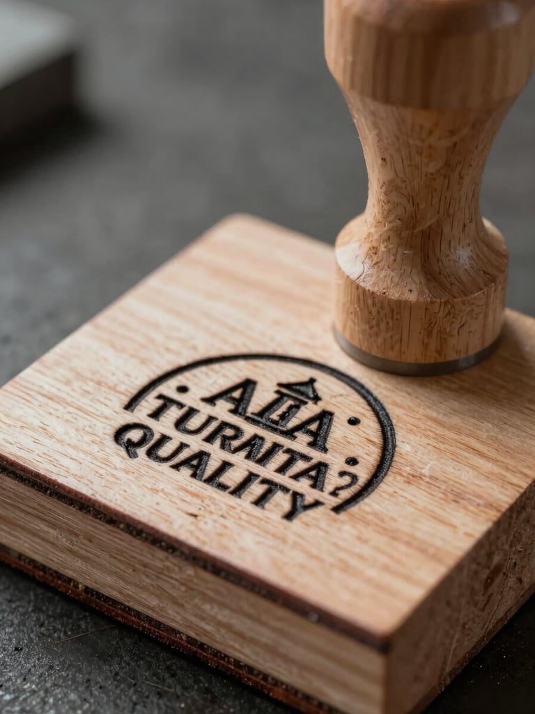 Extreme close-up of a certification stamp impression pressed into raw pine wood, the ink mark reading as an official quality mark under raking side-light that throws the grain ridges into sharp relief, shallow depth of field, dark factory floor visible in soft focus behind