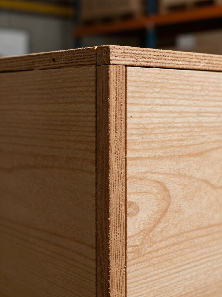 Extreme close-up of a wooden box corner joint under raking side-light from the right, finger-joint interlocking visible with sharp grain lines running perpendicular, warm tungsten warehouse ambient in background, no styling, shot on factory floor