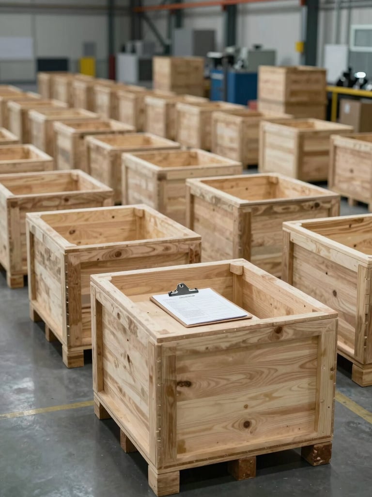 Wide factory floor shot showing rows of identical wooden crates in staged production batches, organized by size under cool overhead warehouse lighting, a quality-control clipboard resting on the nearest crate, no people present, industrial shelving and equipment visible in the background