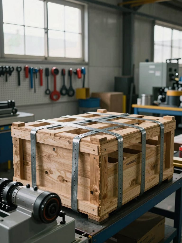 Environmental wide shot of a factory packing station, a wooden crate being strapped with steel banding under raking side-light from a high warehouse window, load-securing equipment visible in the foreground, organized tools hanging on a pegboard behind, no workers present
