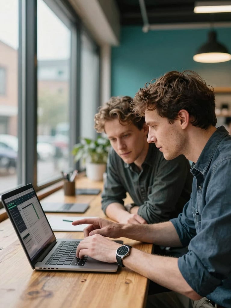Wide portrait frame, right-bleed: two members at a wooden worktable in a coworking space, leaning toward each other mid-conversation, one pointing at an open laptop screen showing a dashboard; warm ambient daylight from large windows to the left, faces naturally lit, teal-painted wall visible in background, shallow depth of field drawing focus to their hands and the screen
