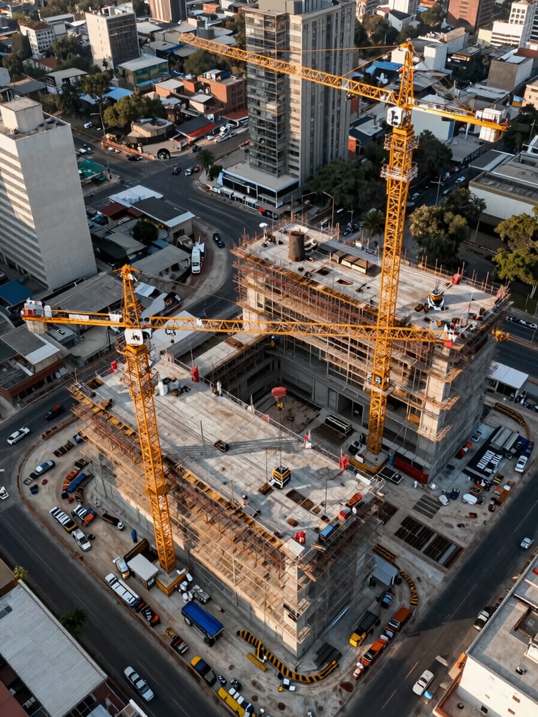 Bird's-eye drone panorama of a large urban construction site in Mexico City, tower cranes spanning the full frame, concrete slab pours at multiple levels, site logistics roads and material staging visible at perimeter, early morning directional light