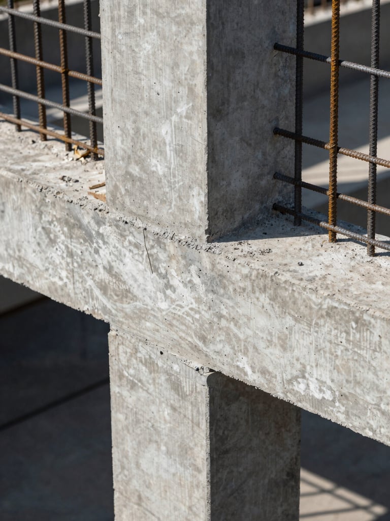 Close-up architectural photograph of a reinforced concrete structural connection — cast formwork removed, rebar ties visible at the joint, natural daylight raking across the surface texture, sharp depth of field, industrial documentary framing