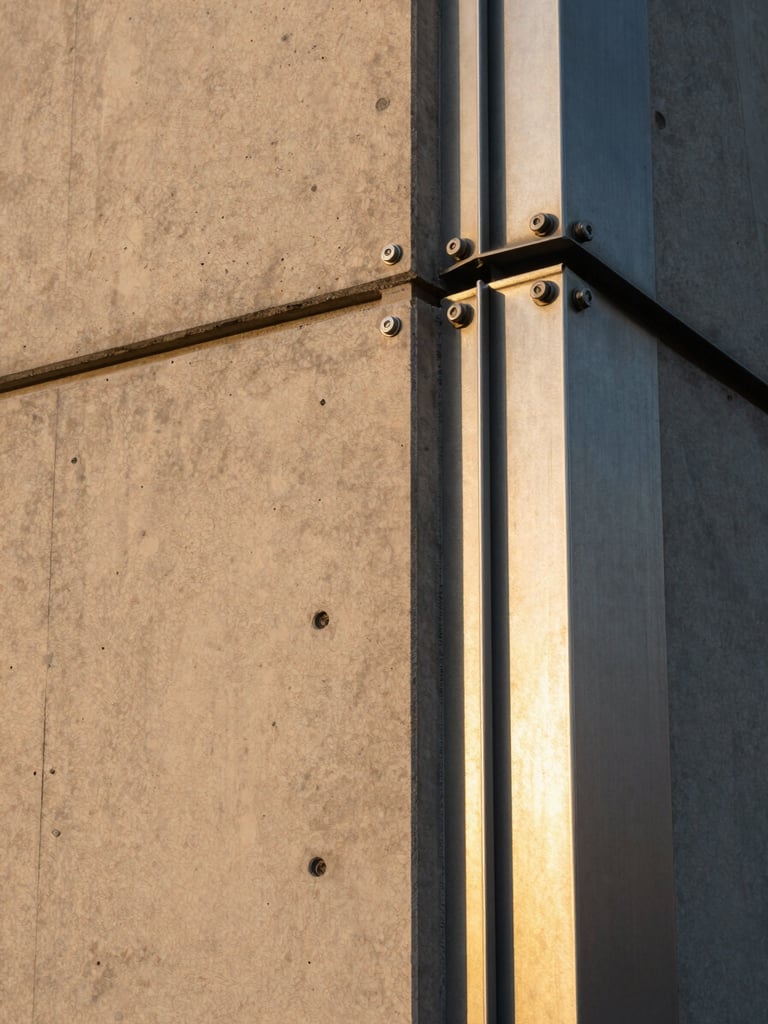 Tight architectural detail of a completed facade system — raw concrete panel meeting a steel curtain wall joint, golden-hour side light revealing material texture and precision connection hardware, no people