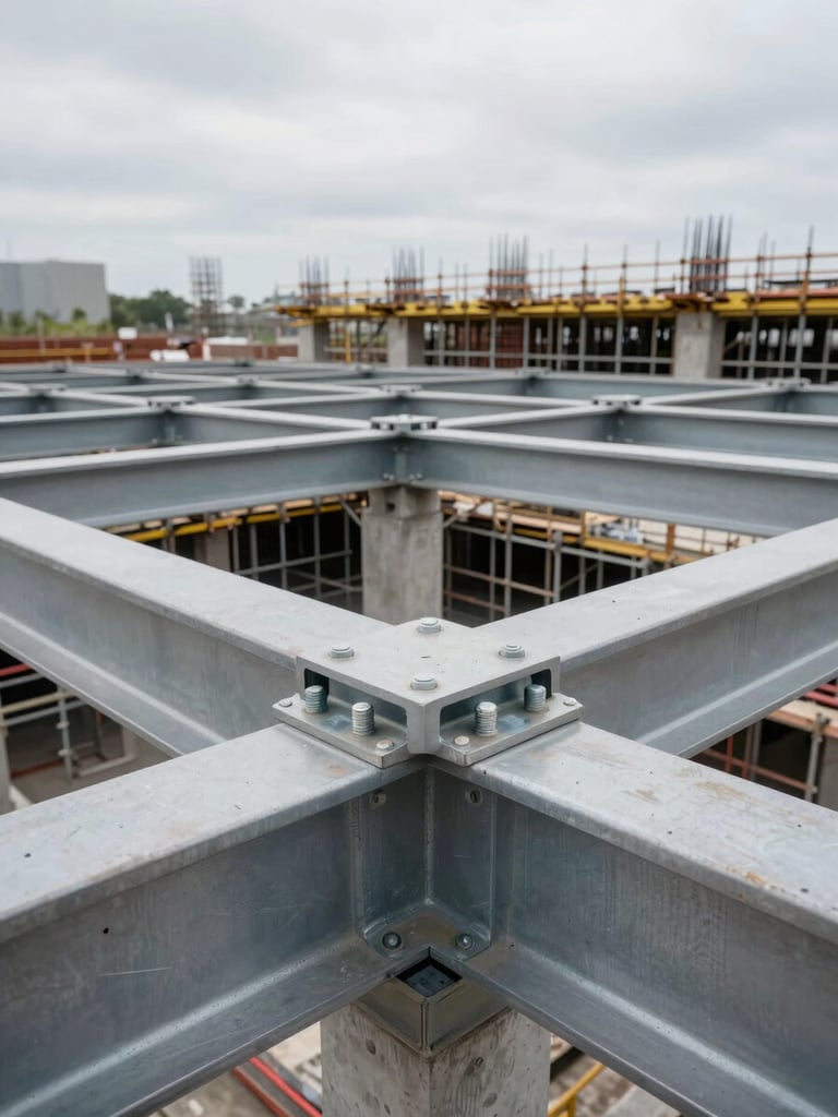 Wide panoramic shot of a structural steel connection node on a large-scale construction site, bolted beam flanges and gusset plates in sharp foreground focus, scaffolding and unfinished concrete frame receding into depth, natural overcast daylight creating even industrial light across the metalwork, no people
