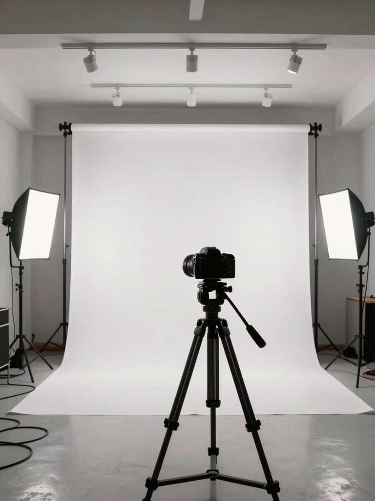 Wide environmental shot of a photography studio interior, a large white seamless backdrop pulled down and lit by two studio strobes on stands, a camera on a tripod positioned in the foreground aimed at the backdrop, equipment cables running along the clean floor, no people present, shot from a slight low angle showing the full height of the ceiling track