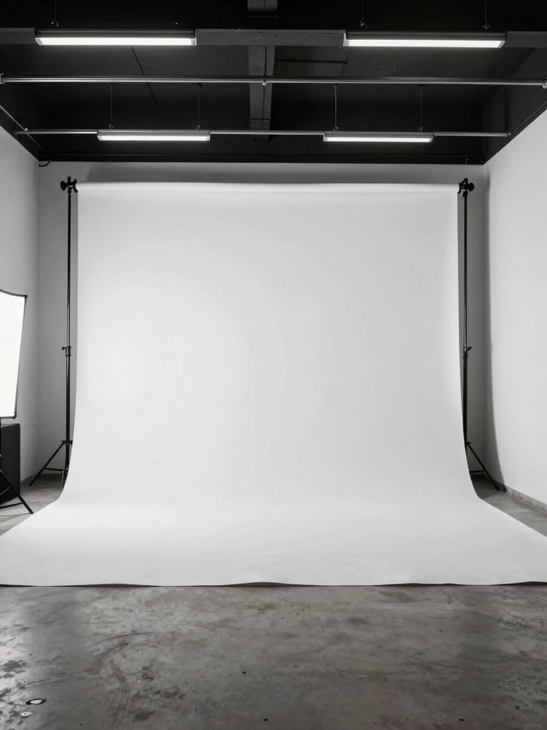 Wide environmental shot of an empty photography studio bay, ceiling-rail strobe rigs casting clean key light on a seamless white backdrop, concrete floor visible in the foreground, no people, studio equipment standing ready at the left edge of frame