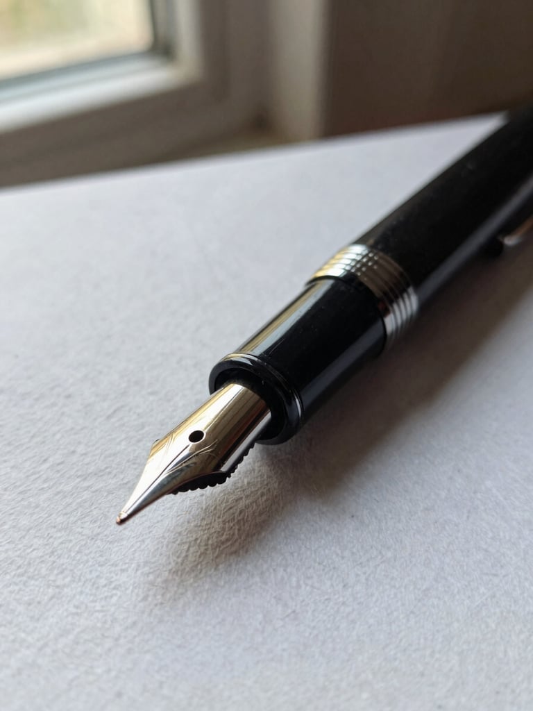 Macro close-up of a classic black fountain pen resting on heavy textured cotton paper, soft natural overcast light from a side window, shallow depth of field, quiet luxury aesthetic.