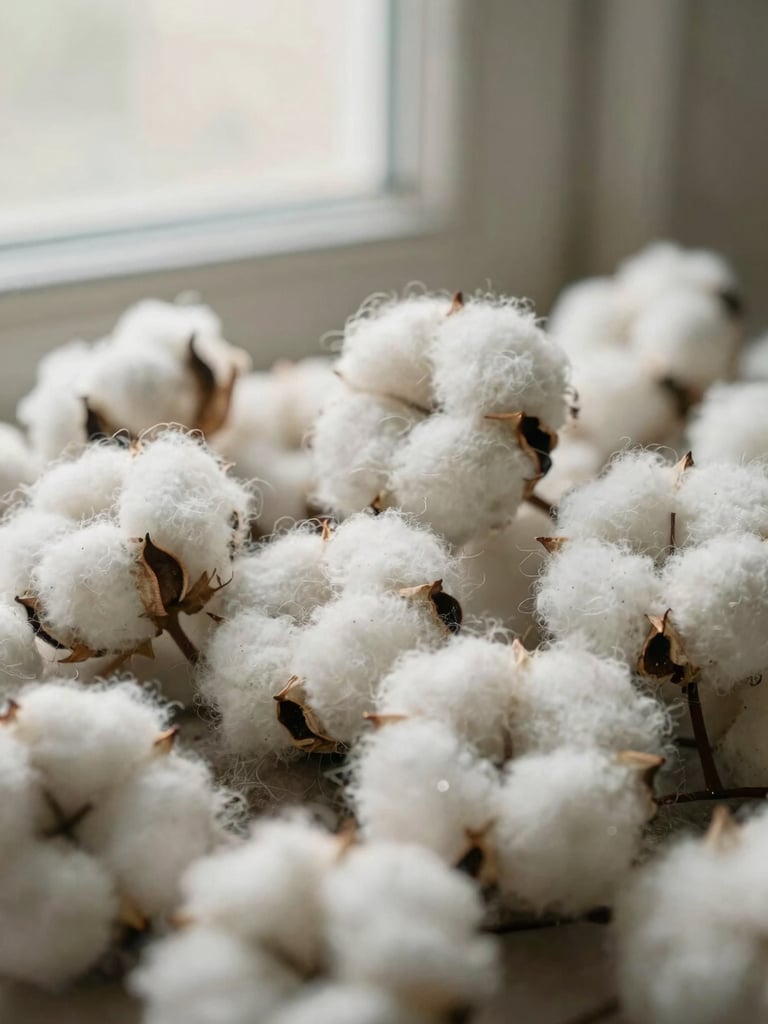 Close-up portrait of raw organic cotton fibers, soft morning light highlighting the texture, delicate and natural, shallow depth of field.