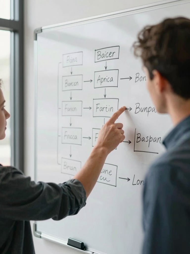 Shoulder-up shot, coach mid-explanation pointing at a whiteboard covered in written frameworks, natural window light from the left, sharp focus on the gesture and the handwritten system diagram behind