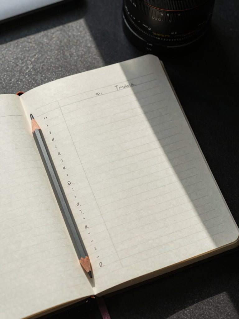 Close overhead shot of an open notebook on a dark desk, hand-written framework columns and action items visible mid-page, a geometric pencil resting across the spine, cool north-window light raking across the paper surface from the left