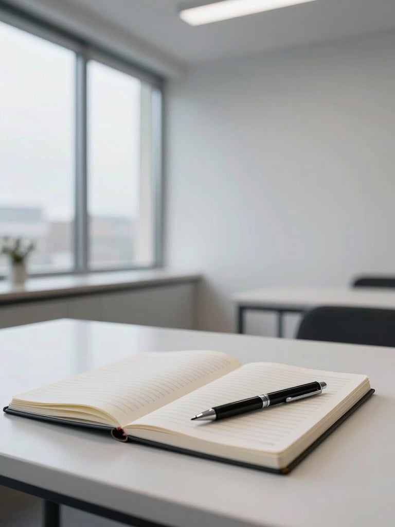 Wide panoramic view of a minimalist coaching workspace — an open notebook with a structured planning grid visible on a white desk, a single pen resting on it, cool overcast natural light from a large window to the left, generous negative space to the right