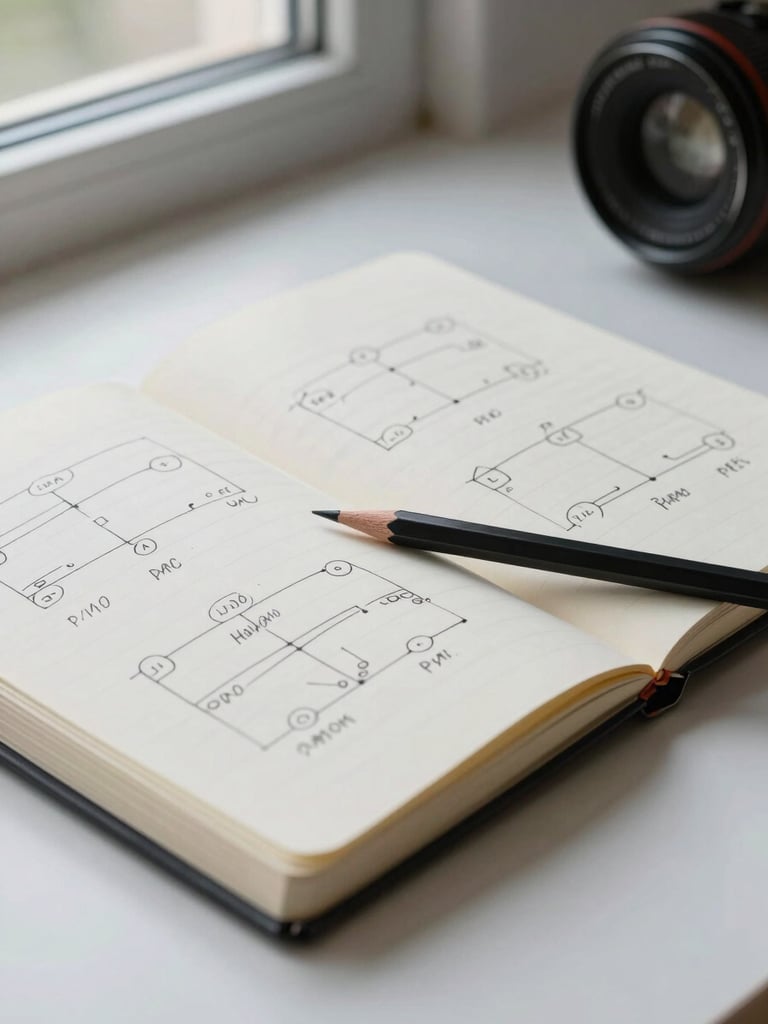 Overhead close-up of an open notebook with handwritten framework diagrams on a clean desk, natural overcast window light, a geometric pencil resting on the page, editorial framing
