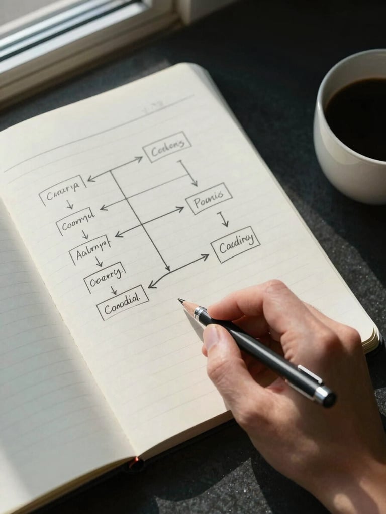 Overhead close-up of a founder's planning surface — open notebook with a hand-drawn decision matrix, a mechanical pencil mid-rest, coffee to the far right, cool north-window light casting clean shadows across the page
