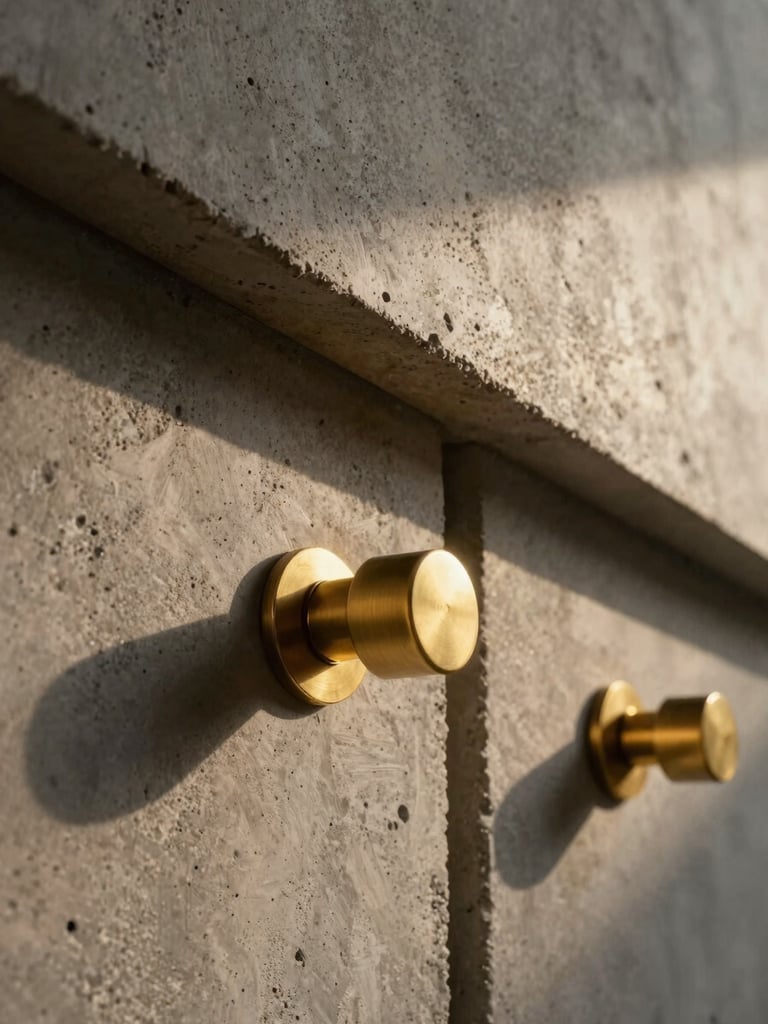 Close-up textured detail crop of premium architectural materials, brushed brass fixtures against raw concrete, dramatic low-contrast overcast light