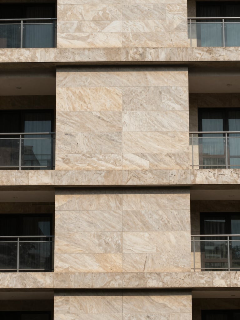 Close architectural detail of a completed luxury apartment facade in Mumbai — precision-cut stone cladding joints at 1-metre distance, north-facing daylight revealing material texture and geometry, strong horizontal shadow lines