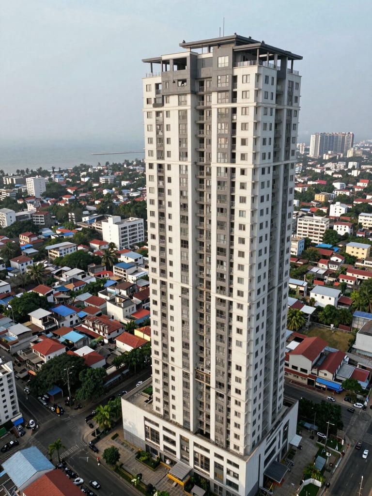 Wide panoramic drone aerial of a completed mixed-use residential tower in Mumbai, shot from 250 metres altitude, building occupying the right two-thirds of the frame, surrounding urban fabric and coastline visible to the left, neutral overcast daylight revealing facade geometry and material accuracy