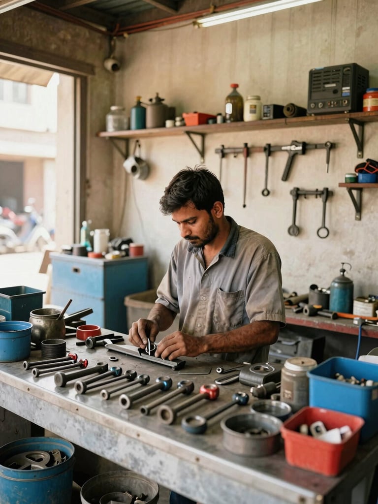 A bright wide-angle portrait of a local mechanic working in a clean garage in Hanumangarh, tools organized neatly, warm natural daylight, authentic documentary style.