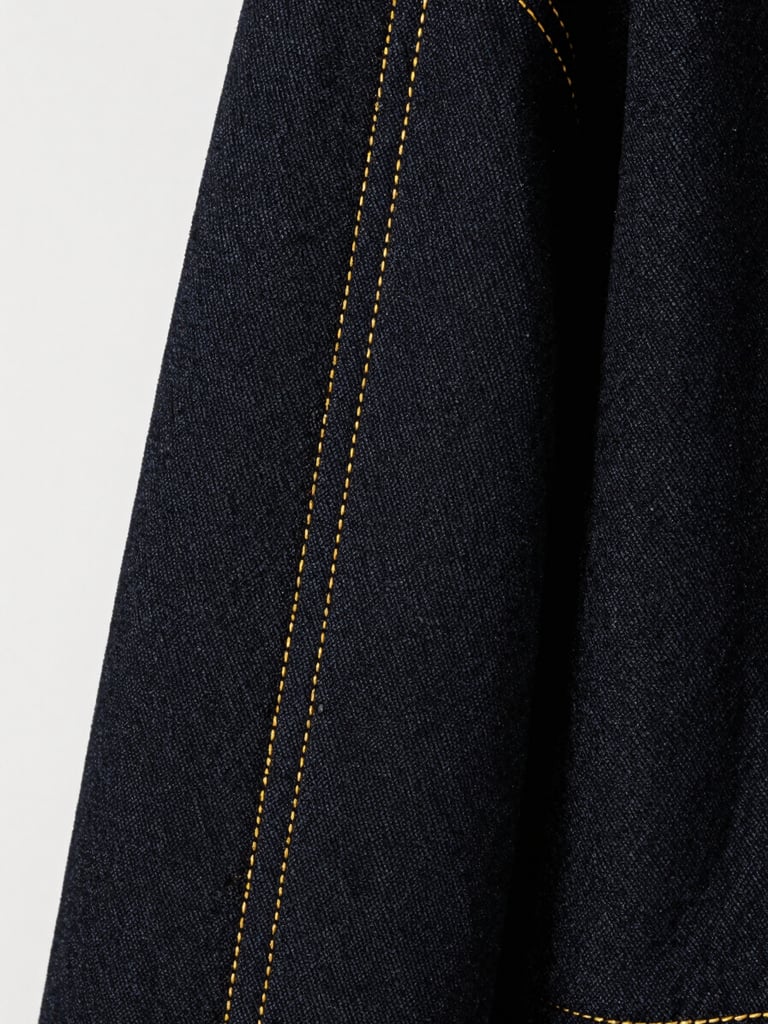 Macro shot of high-contrast gold stitching on dark denim fabric, showing millimeter tolerances and technical precision, 85mm