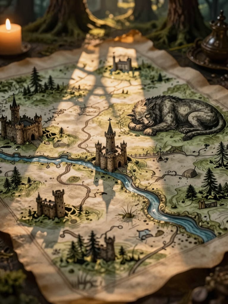 Close-up of a hand-drawn medieval fantasy map on aged parchment, showing tiny castles, winding rivers, and a sleeping giant, warm golden-hour sunbeams filtering through ancient trees, high-contrast shadows