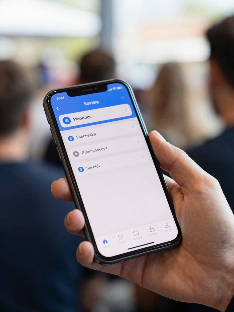 Close-up of a hand holding a smartphone running a ride-booking app, bright daylight, venue crowd visible out of focus in the background, screen lit clearly under real ambient light, dynamic angle