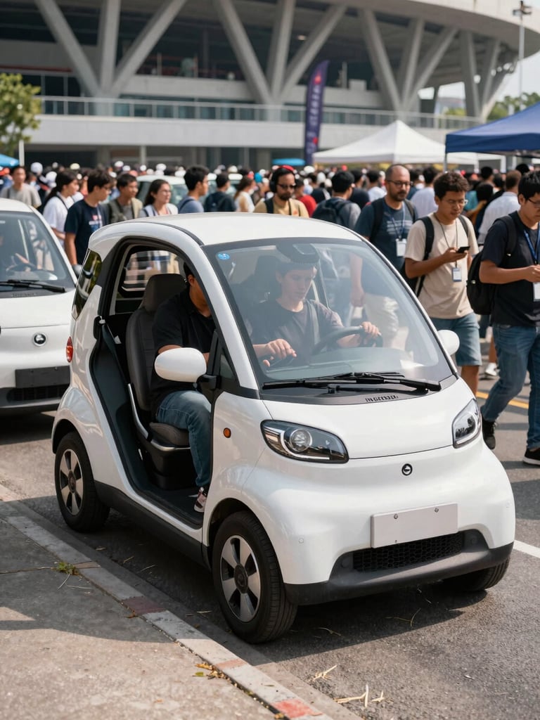 Wide environmental shot of event-goers boarding a compact electric vehicle at the curb outside a stadium, real crowd density visible, bright daylight, driver ready at the wheel, photojournalistic framing from street level