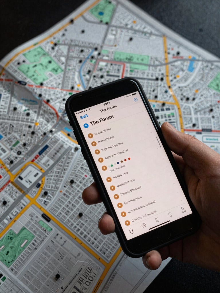 Close overhead perspective of a street-level map showing Inglewood's entertainment district blocks, hand holding a phone displaying real-time station dots near SoFi and The Forum, amber pin indicators visible on the screen, real street asphalt and venue perimeter visible at the edges of the frame, documentary framing