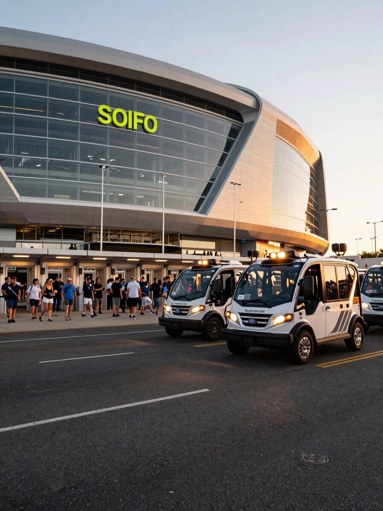 Wide panoramic ground-level shot of SoFi Stadium's exterior at golden hour, crowds streaming through the main exit gates, District Ride Co. electric vehicles staged at the curb to the right third of the frame, amber stadium lights catching the tops of the vehicles, real street asphalt in the foreground, crowd scale emphasizing venue density