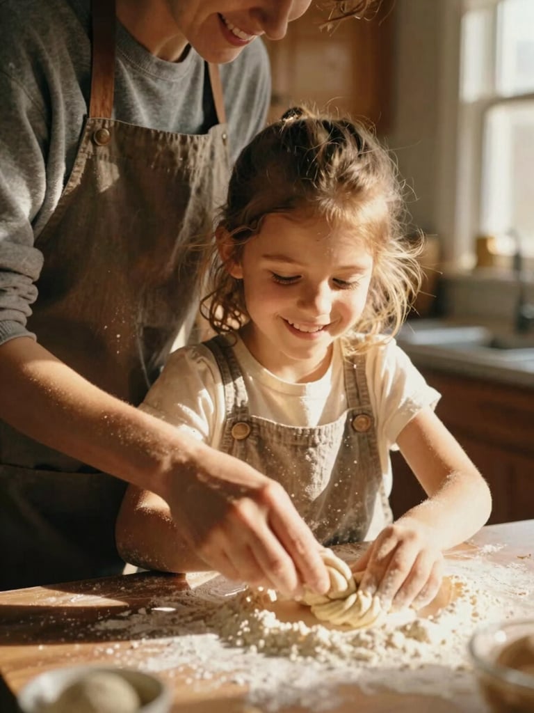 A close-up of a caregiver and a young girl smiling while baking together in a warm Georgia kitchen, golden sunlight illuminating the flour on the counter, 35mm film look.