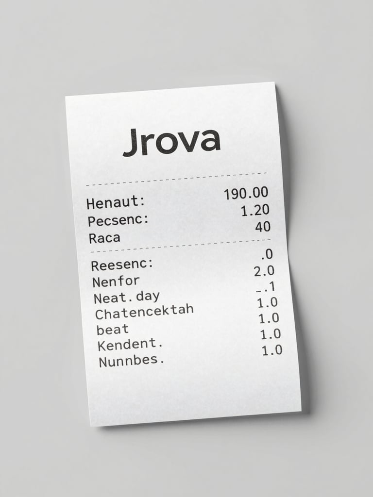 A clean, functional flat-lay of a printed receipt and Jrova product on a neutral gray background under bright, even studio light.