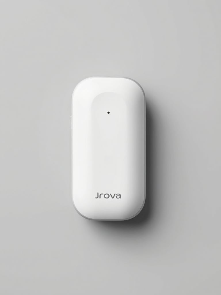 A clean flat-lay product shot of a Jrova premium consumer device on a neutral gray background under bright even studio lighting, sharp focus, high clarity.