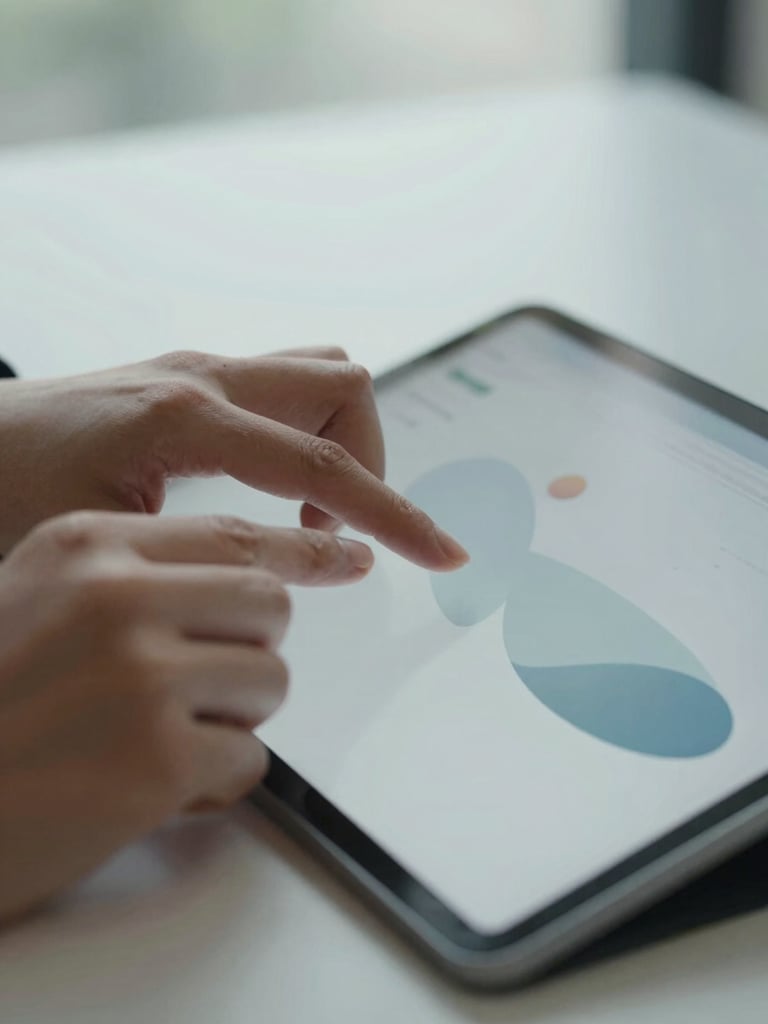 Portrait shot of a student's hands interacting with a clean, abstract UI on a tablet, soft natural daylight, cool muted tones, shallow depth of field, modern academic setting, 35mm
