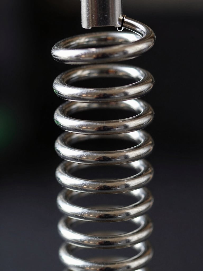 Macro photograph of a high-tension steel Pilates spring, polished metallic surface reflecting sharp studio light, dark background, 50mm